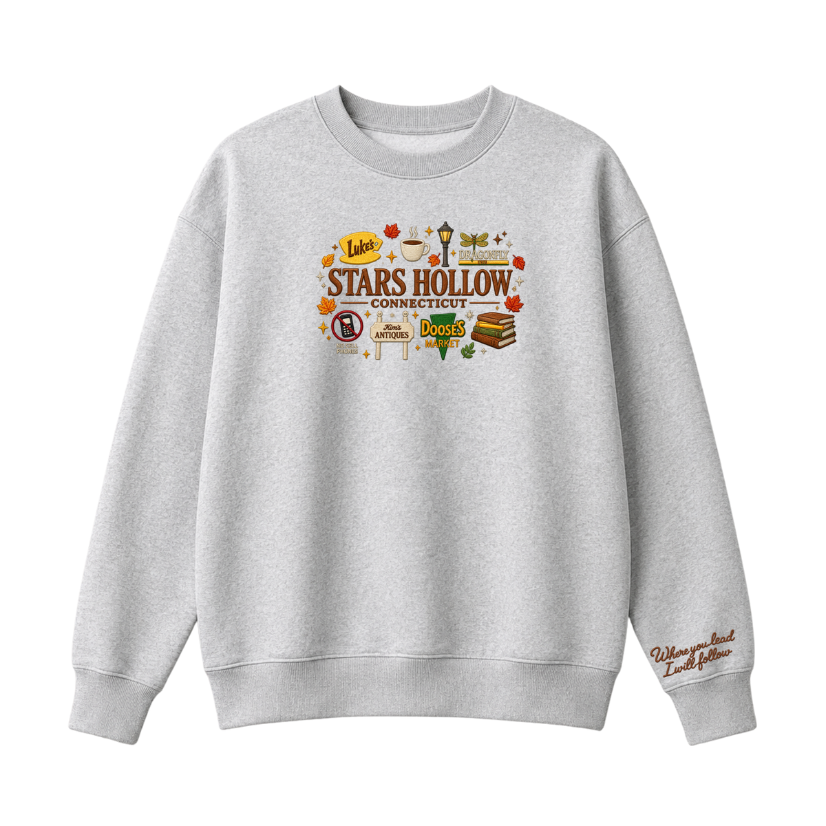 Chaotic Club Embroided Stars Hollow Connecticut Lukes Diner Dragonfly Inn Crewneck Sweatshirt