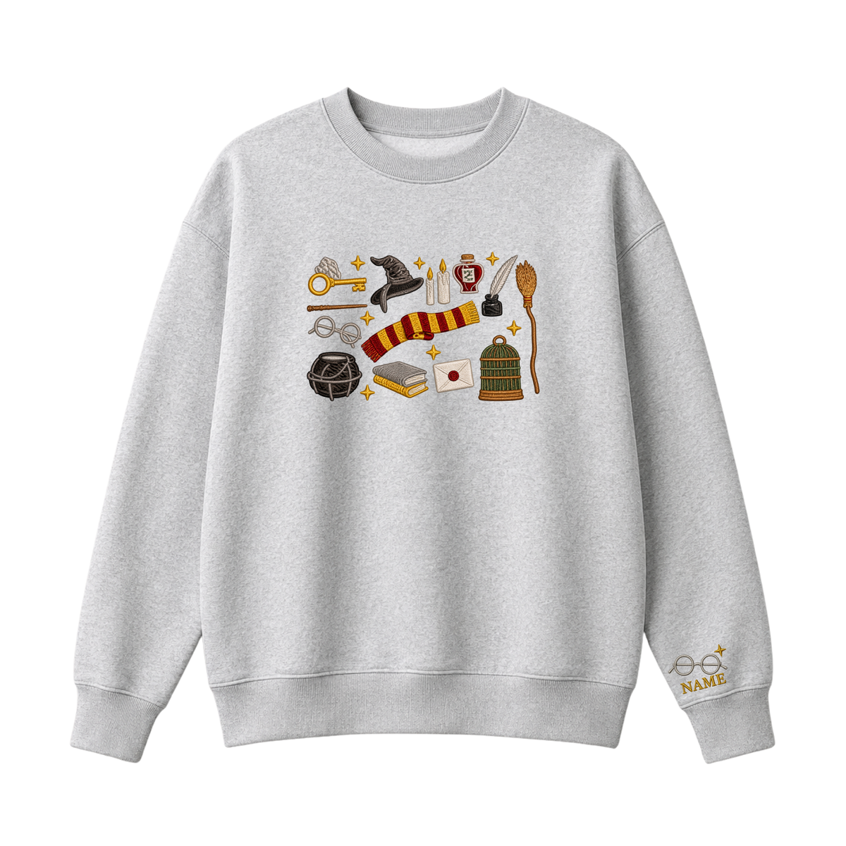 Chaotic Club Embroided Wizard School Magical Elements Personalized Sleeve Name Crewneck Sweatshirt