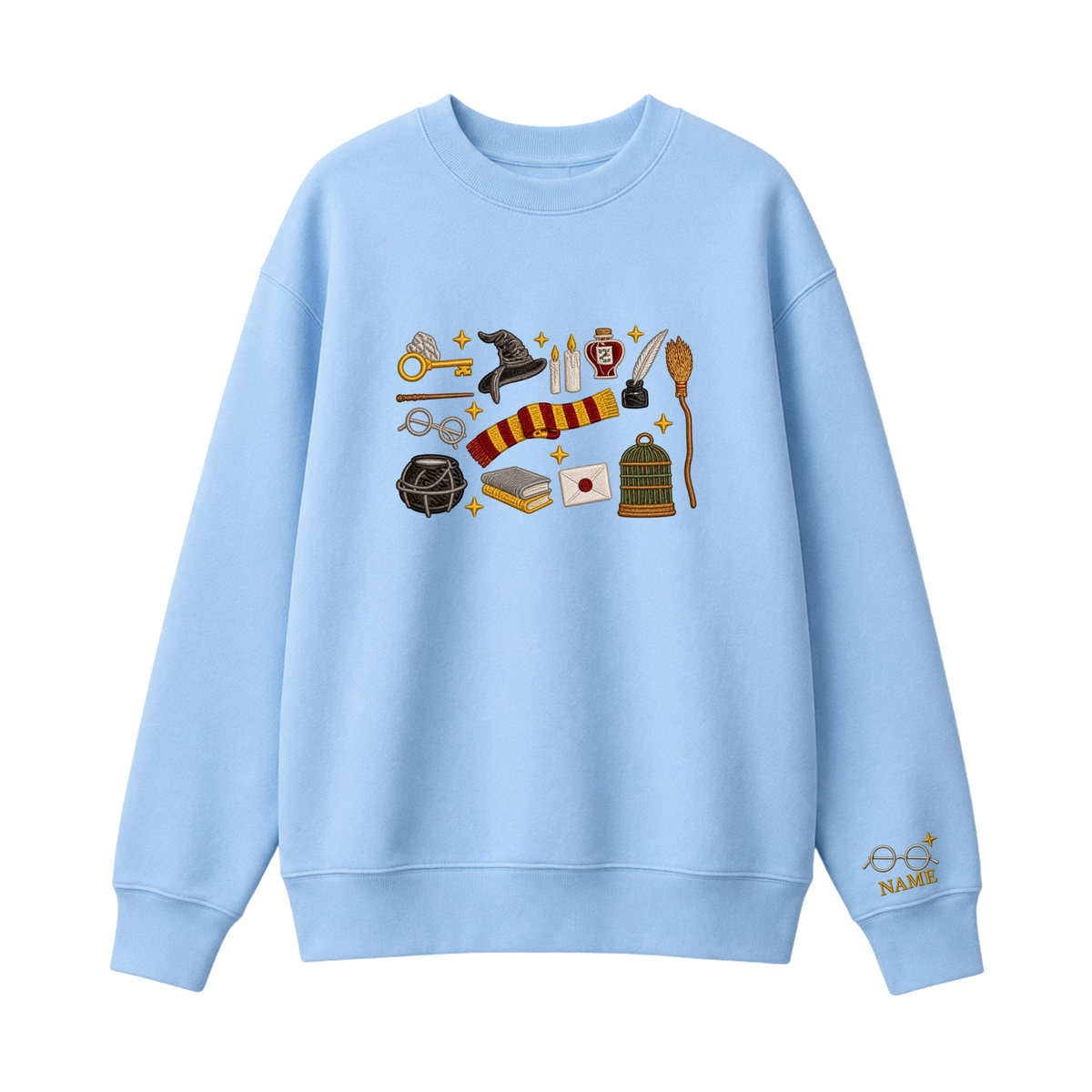 Chaotic Club Embroided Wizard School Magical Elements Personalized Sleeve Name Crewneck Sweatshirt