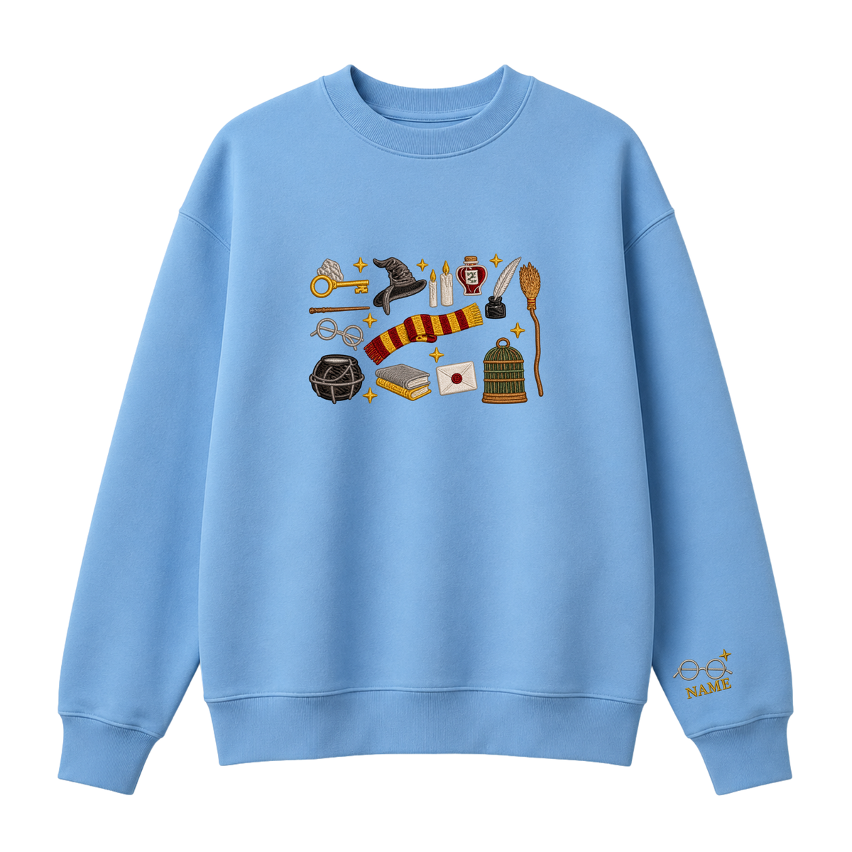 Chaotic Club Embroided Wizard School Magical Elements Personalized Sleeve Name Crewneck Sweatshirt