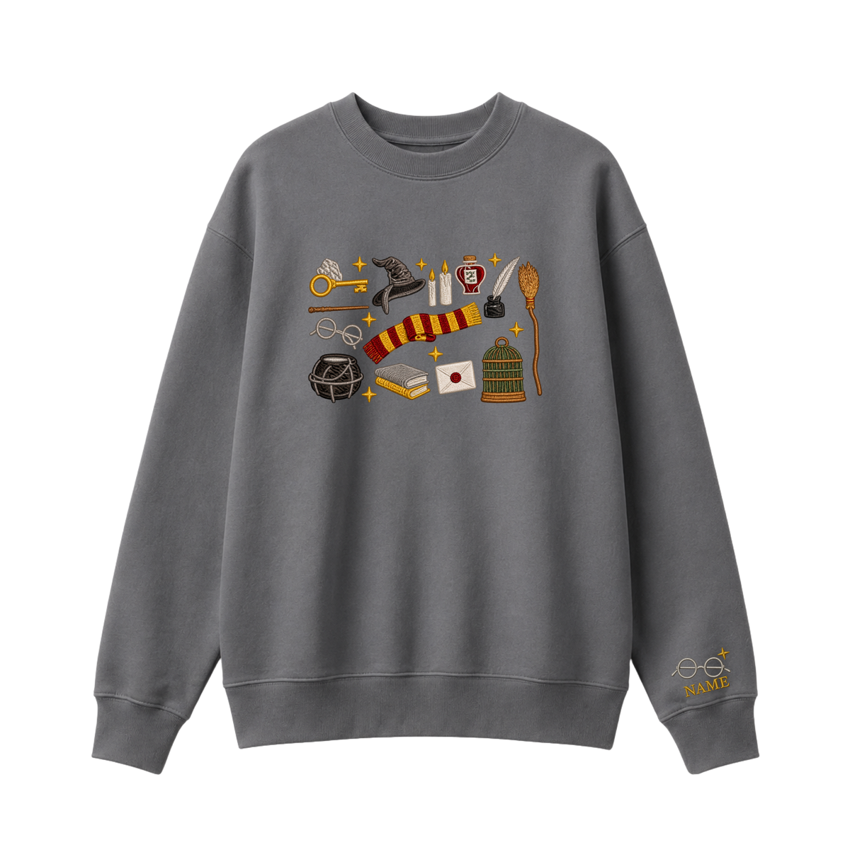 Chaotic Club Embroided Wizard School Magical Elements Personalized Sleeve Name Crewneck Sweatshirt