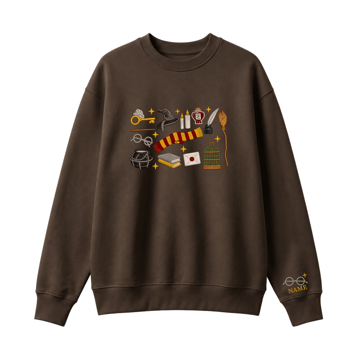 Chaotic Club Embroided Wizard School Magical Elements Personalized Sleeve Name Crewneck Sweatshirt