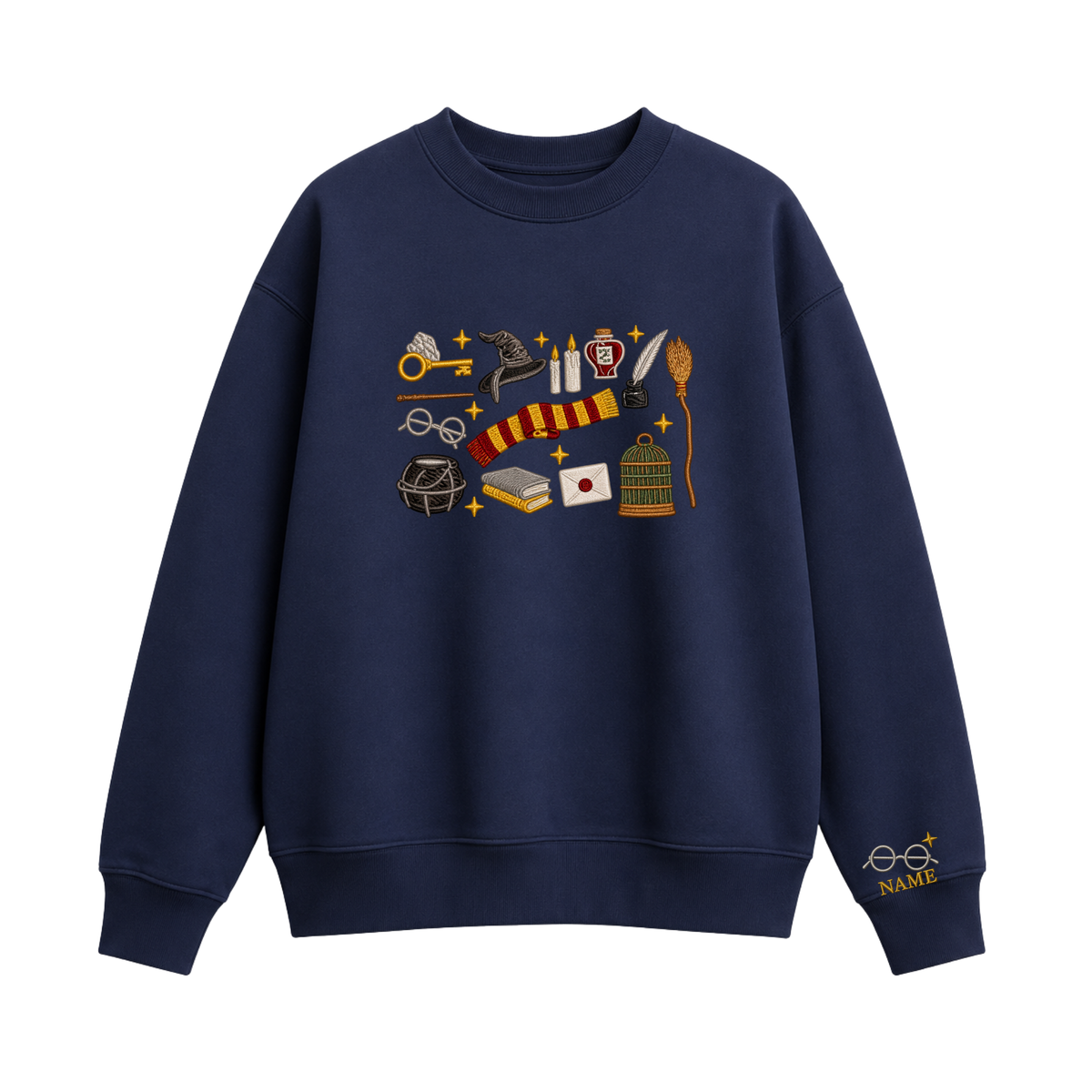 Chaotic Club Embroided Wizard School Magical Elements Personalized Sleeve Name Crewneck Sweatshirt