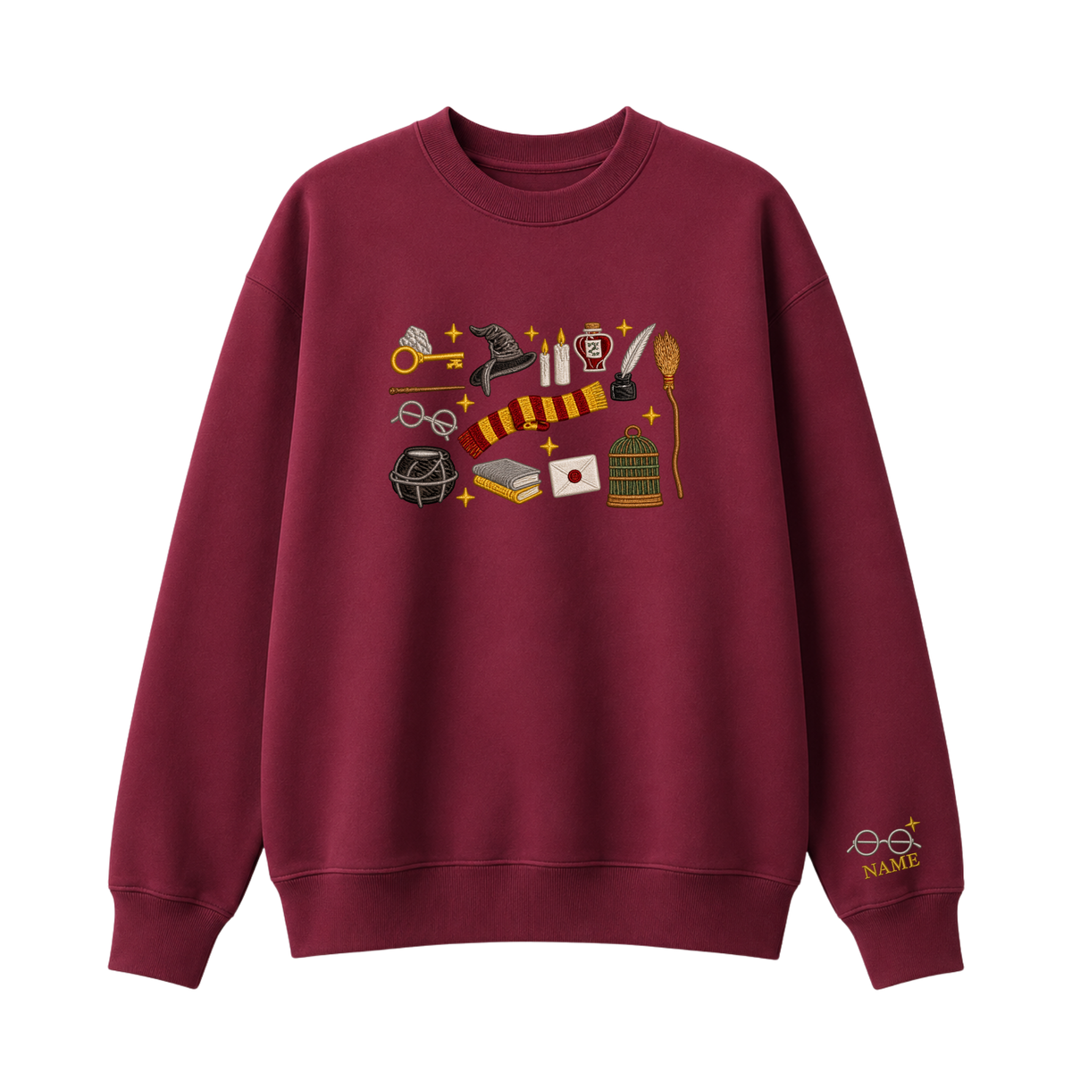 Chaotic Club Embroided Wizard School Magical Elements Personalized Sleeve Name Crewneck Sweatshirt