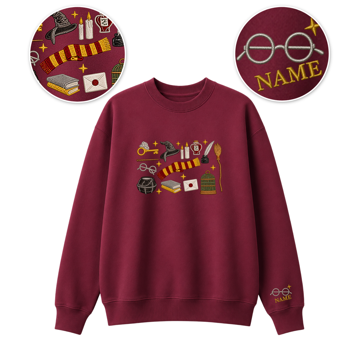 Chaotic Club Embroided Wizard School Magical Elements Personalized Sleeve Name Crewneck Sweatshirt