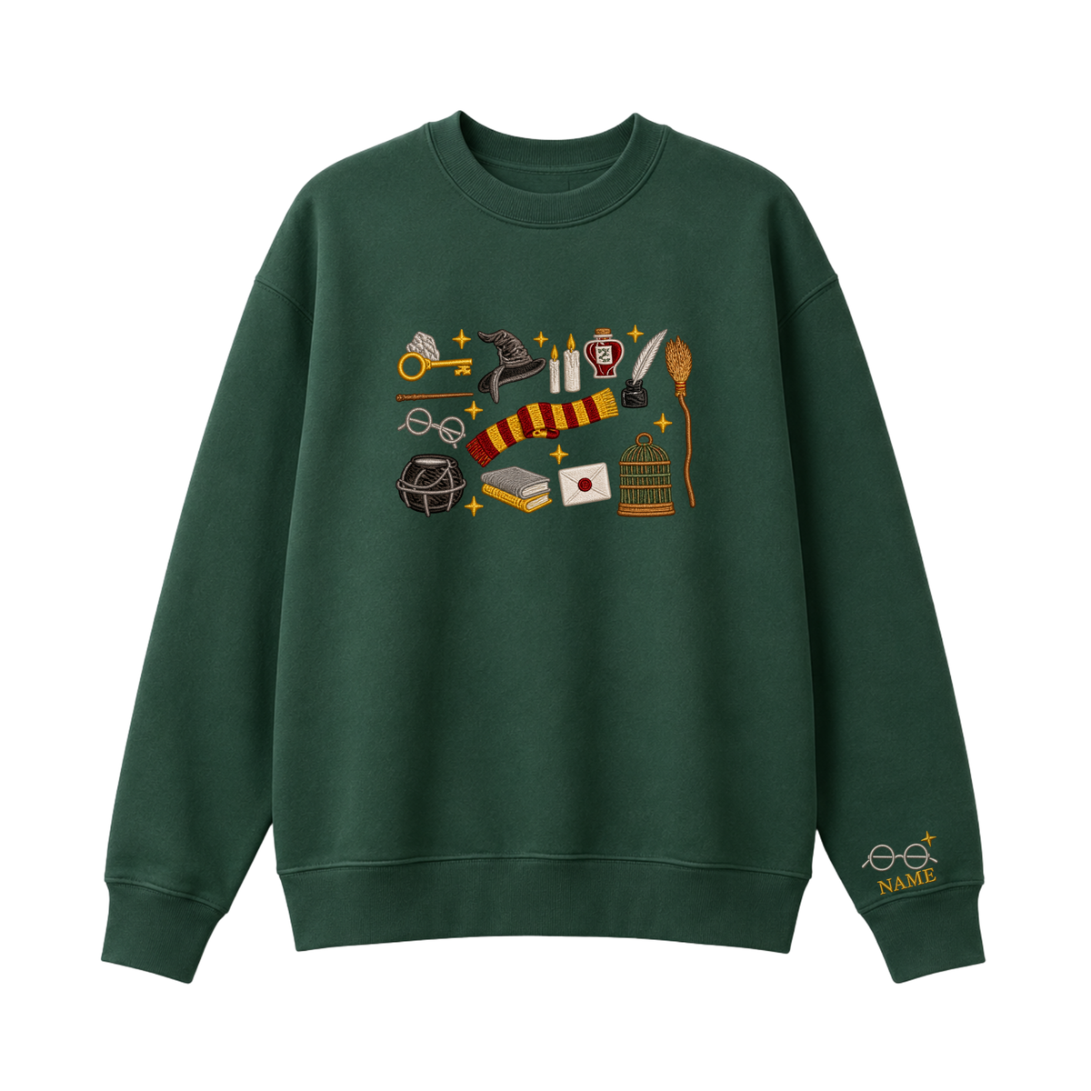 Chaotic Club Embroided Wizard School Magical Elements Personalized Sleeve Name Crewneck Sweatshirt