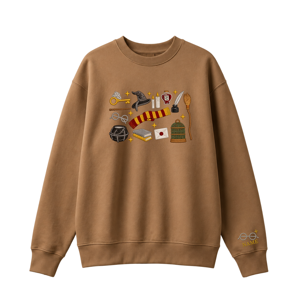 Chaotic Club Embroided Wizard School Magical Elements Personalized Sleeve Name Crewneck Sweatshirt