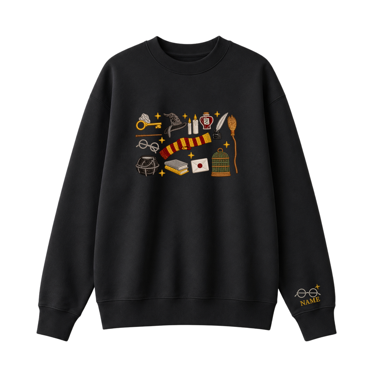 Chaotic Club Embroided Wizard School Magical Elements Personalized Sleeve Name Crewneck Sweatshirt