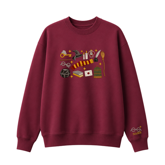 Chaotic Club Embroided Wizard School Magical Elements Personalized Sleeve Name Crewneck Sweatshirt