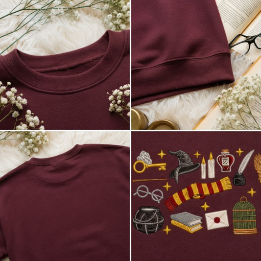 Chaotic Club Embroided Wizard School Magical Elements Personalized Sleeve Name Crewneck Sweatshirt