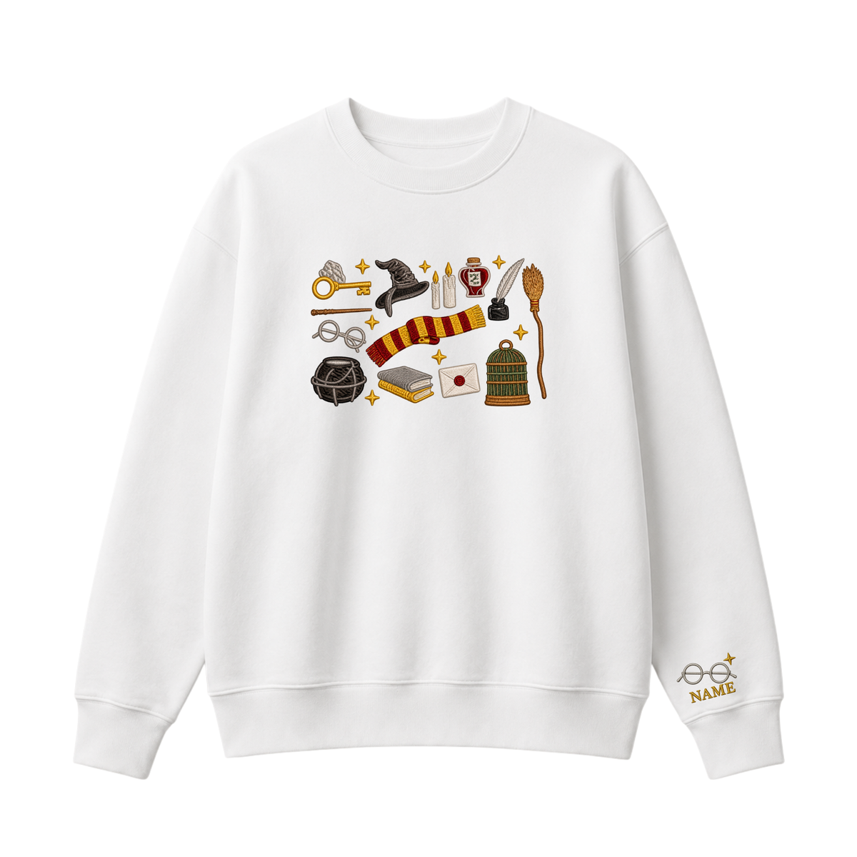 Chaotic Club Embroided Wizard School Magical Elements Personalized Sleeve Name Crewneck Sweatshirt