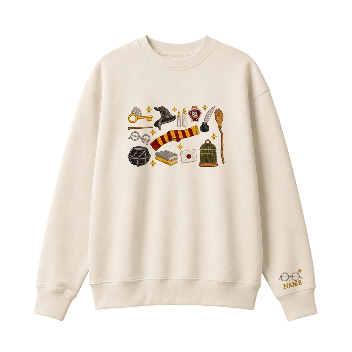 Chaotic Club Embroided Wizard School Magical Elements Personalized Sleeve Name Crewneck Sweatshirt