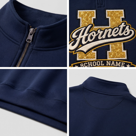 Chaotic Club Glitters Embroided Collegiate Custom School Name Tailgate Mascot Quarter Zip Sweater