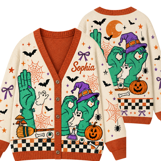 Chaotic Club Halloween SPED Teacher Boo In ASL Personalized Cardigan