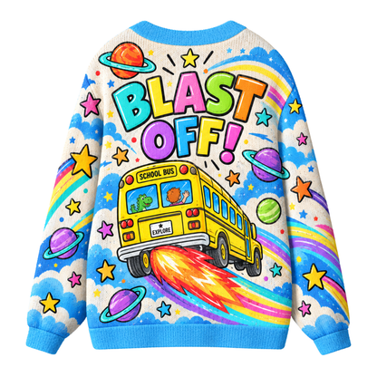 Chaotic Club Magic Space School Bus Blast Off Retro Knit Cardigan