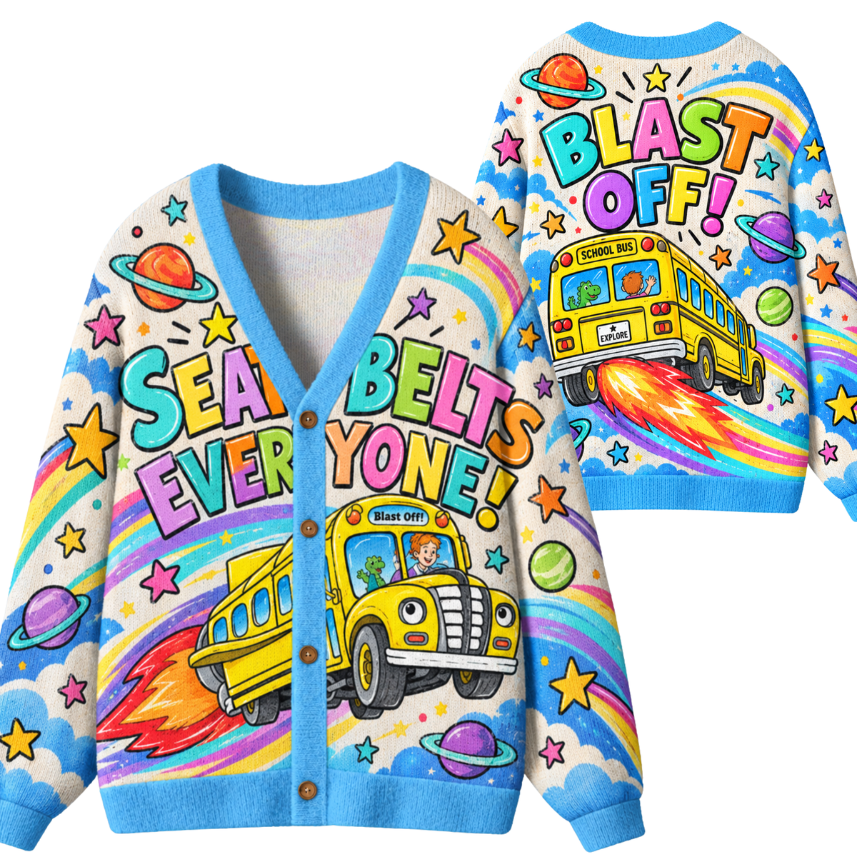 Chaotic Club Magic Space School Bus Blast Off Retro Knit Cardigan