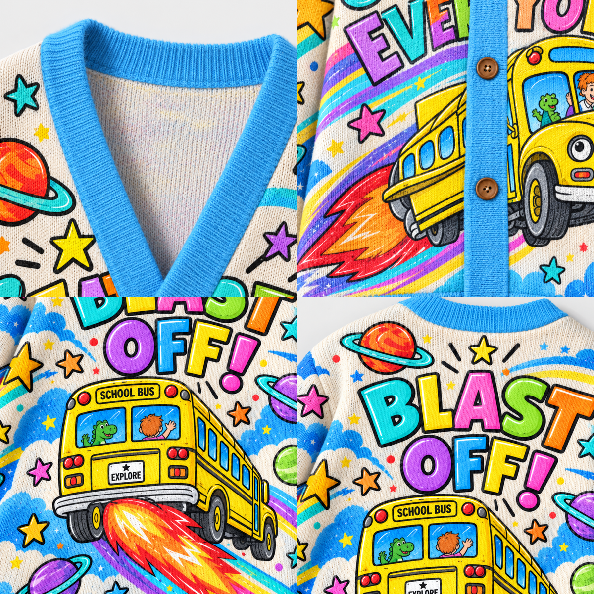 Chaotic Club Magic Space School Bus Blast Off Retro Knit Cardigan