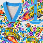 Chaotic Club Magic Space School Bus Blast Off Retro Knit Cardigan