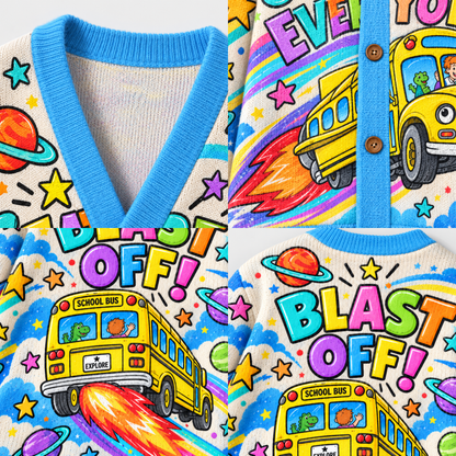 Chaotic Club Magic Space School Bus Blast Off Retro Knit Cardigan