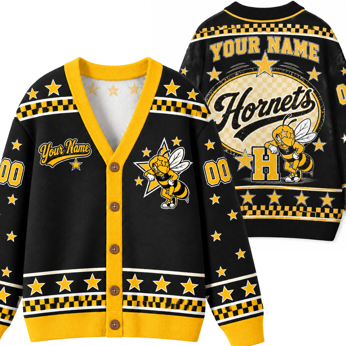 Chaotic Club Mascot Star Checkered Game Day Knit Cardigan