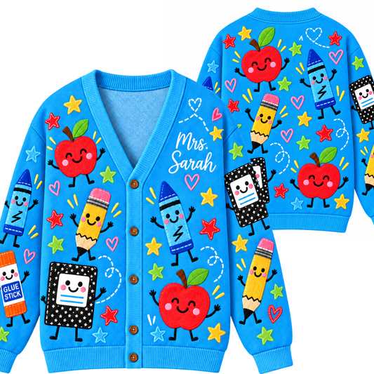 Chaotic Club Personalized Blue School Supply Doodle Cardigan