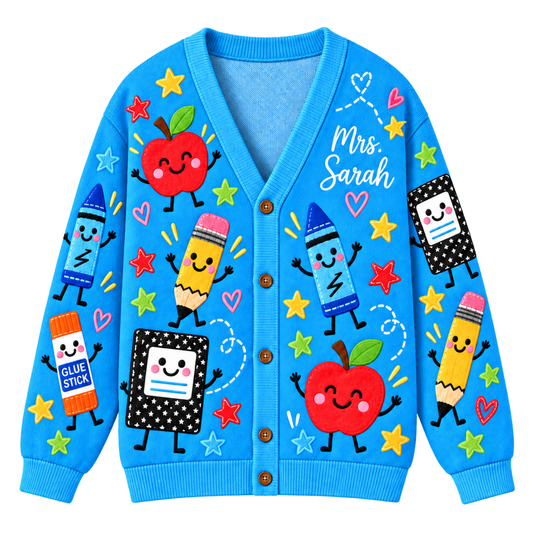 Chaotic Club Personalized Blue School Supply Doodle Cardigan