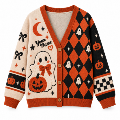 Chaotic Club Personalized Vintage Pumpkin Boo Halloween Cardigan