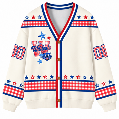 Chaotic Club Retro Mascot Gingham Stars Game Day Knit Cardigan