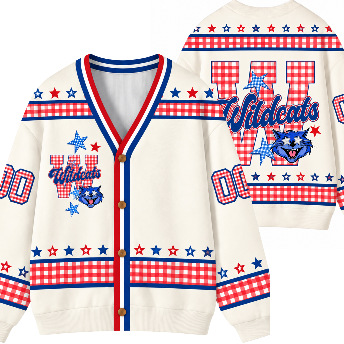 Chaotic Club Retro Mascot Gingham Stars Game Day Knit Cardigan