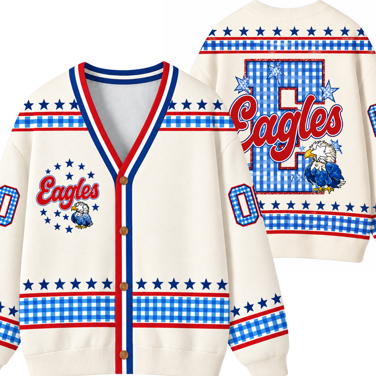 Chaotic Club Retro Mascot Gingham Stars Game Day Knit Cardigan
