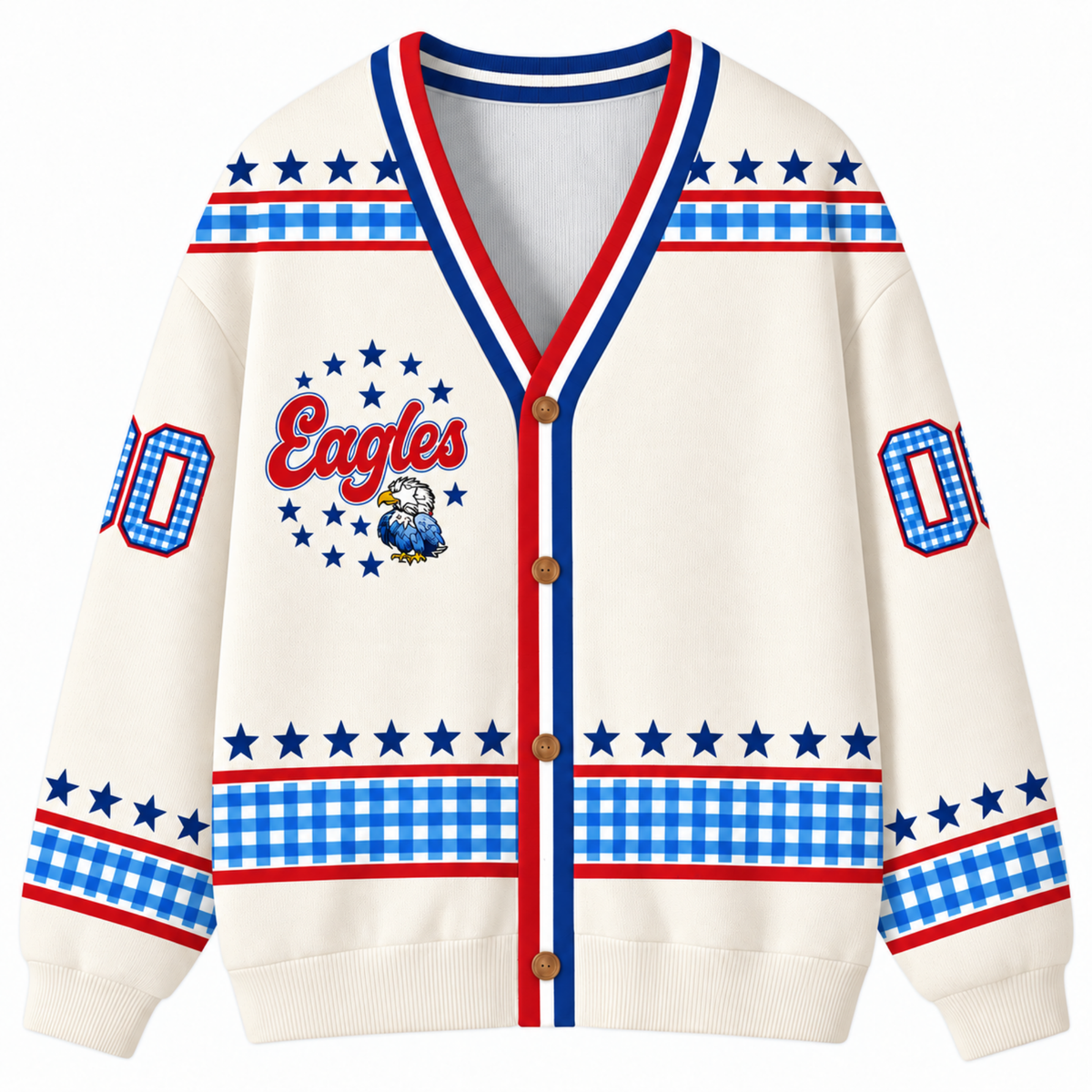 Chaotic Club Retro Mascot Gingham Stars Game Day Knit Cardigan