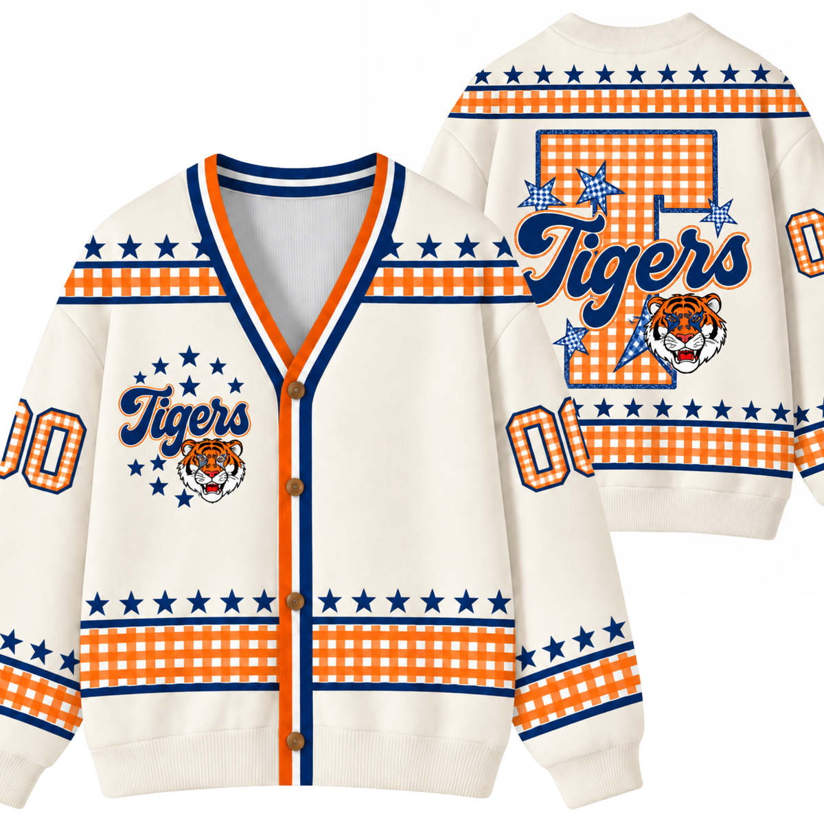 Chaotic Club Retro Mascot Gingham Stars Game Day Knit Cardigan