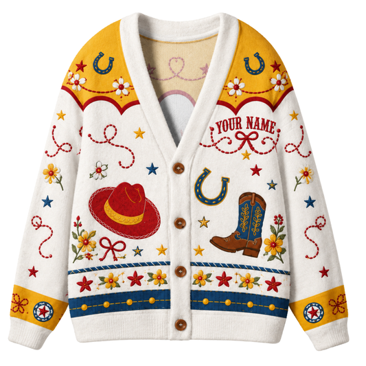 Chaotic Club Retro Western Boots Floral Ribbon Knit Cardigan