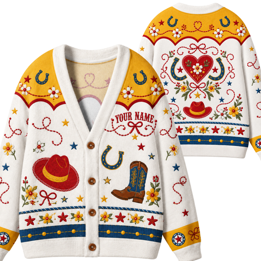 Chaotic Club Retro Western Boots Floral Ribbon Knit Cardigan