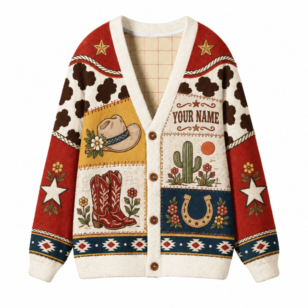 Chaotic Club Vintage Desert Patchwork Cactus Horseshoe Knit Cardigan