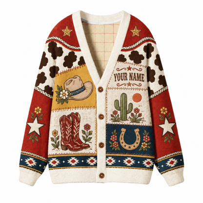Chaotic Club Vintage Desert Patchwork Cactus Horseshoe Knit Cardigan