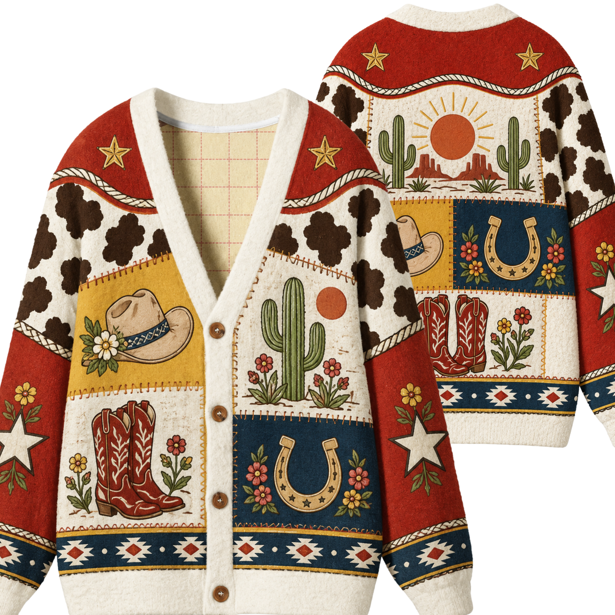 Chaotic Club Vintage Desert Patchwork Cactus Horseshoe Knit Cardigan