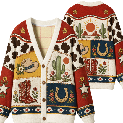 Chaotic Club Vintage Desert Patchwork Cactus Horseshoe Knit Cardigan