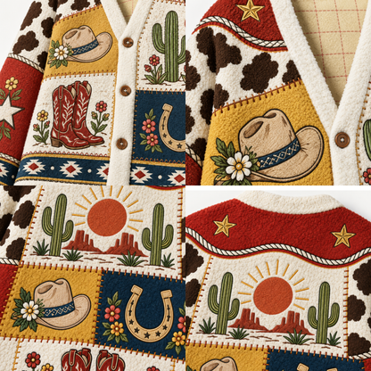 Chaotic Club Vintage Desert Patchwork Cactus Horseshoe Knit Cardigan