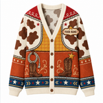 Chaotic Club Western Cowboy Boots Cow Print Pattern Knit Cardigan