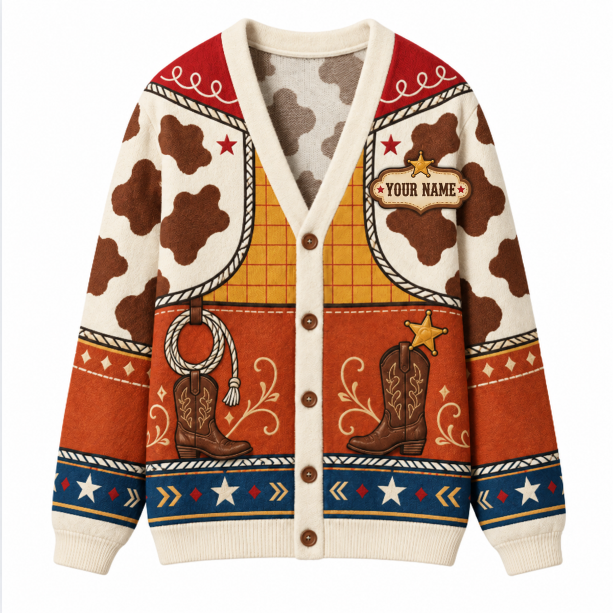 Chaotic Club Western Cowboy Boots Cow Print Pattern Knit Cardigan