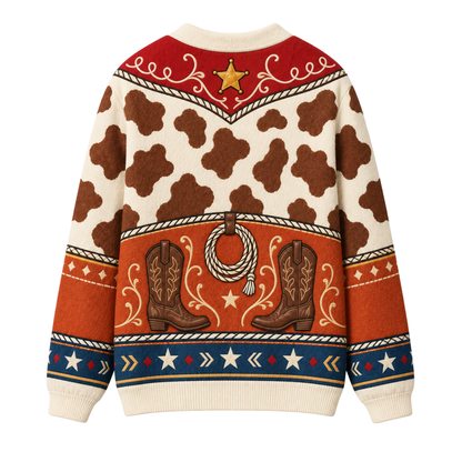 Chaotic Club Western Cowboy Boots Cow Print Pattern Knit Cardigan
