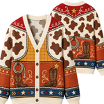 Chaotic Club Western Cowboy Boots Cow Print Pattern Knit Cardigan