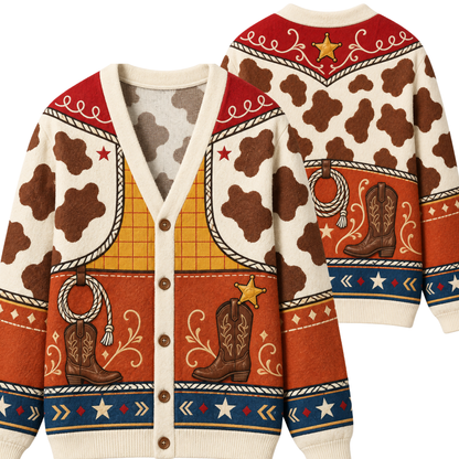 Chaotic Club Western Cowboy Boots Cow Print Pattern Knit Cardigan
