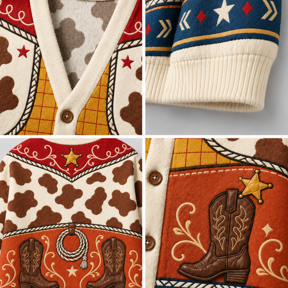 Chaotic Club Western Cowboy Boots Cow Print Pattern Knit Cardigan