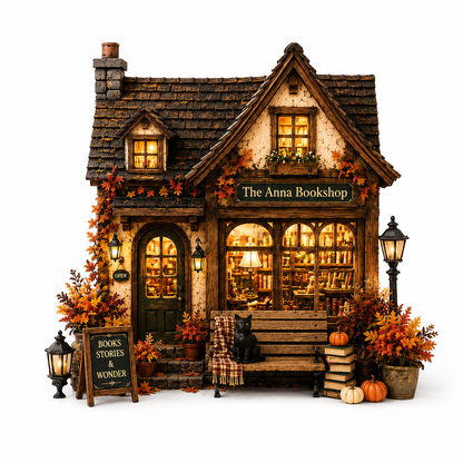 A detailed miniature dollhouse of 'The Anna Bookshop' decorated for autumn, featuring a small bench with a plaid throw and black cat, potted plants, pumpkins, and warm glowing windows against a white background.