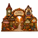 A detailed decorative tabletop scene depicting a fall market village with storefronts including Cider Nook, Birch & Page, Harvest Bakery, Willow & Co., and Maple Pantry, framed by autumn trees, pumpkins, flowers, and a central arched sign reading Pinehollow Fall Market.