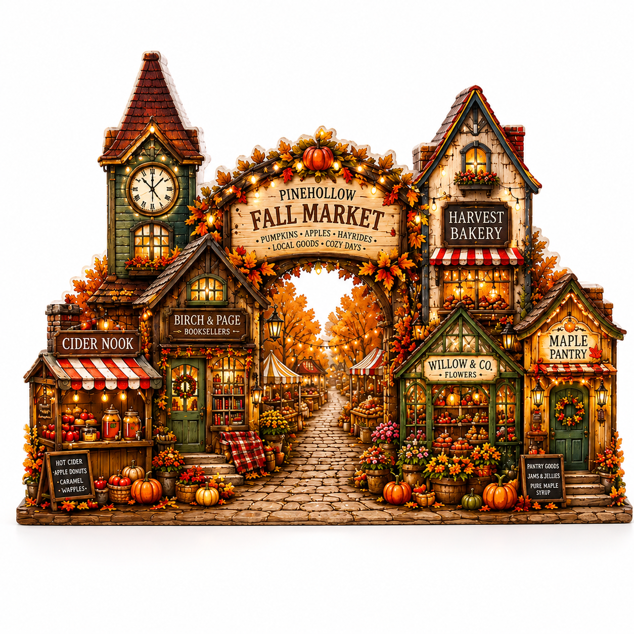 A detailed decorative tabletop scene depicting a fall market village with storefronts including Cider Nook, Birch & Page, Harvest Bakery, Willow & Co., and Maple Pantry, framed by autumn trees, pumpkins, flowers, and a central arched sign reading Pinehollow Fall Market.
