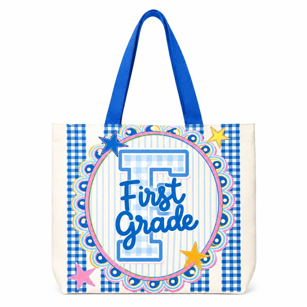 Preppy Teacher Apple Blue Gingham Stripes Tote Bag