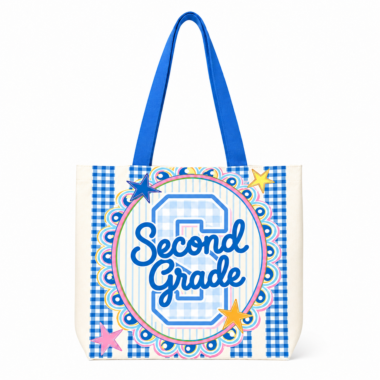 Preppy Teacher Apple Blue Gingham Stripes Tote Bag